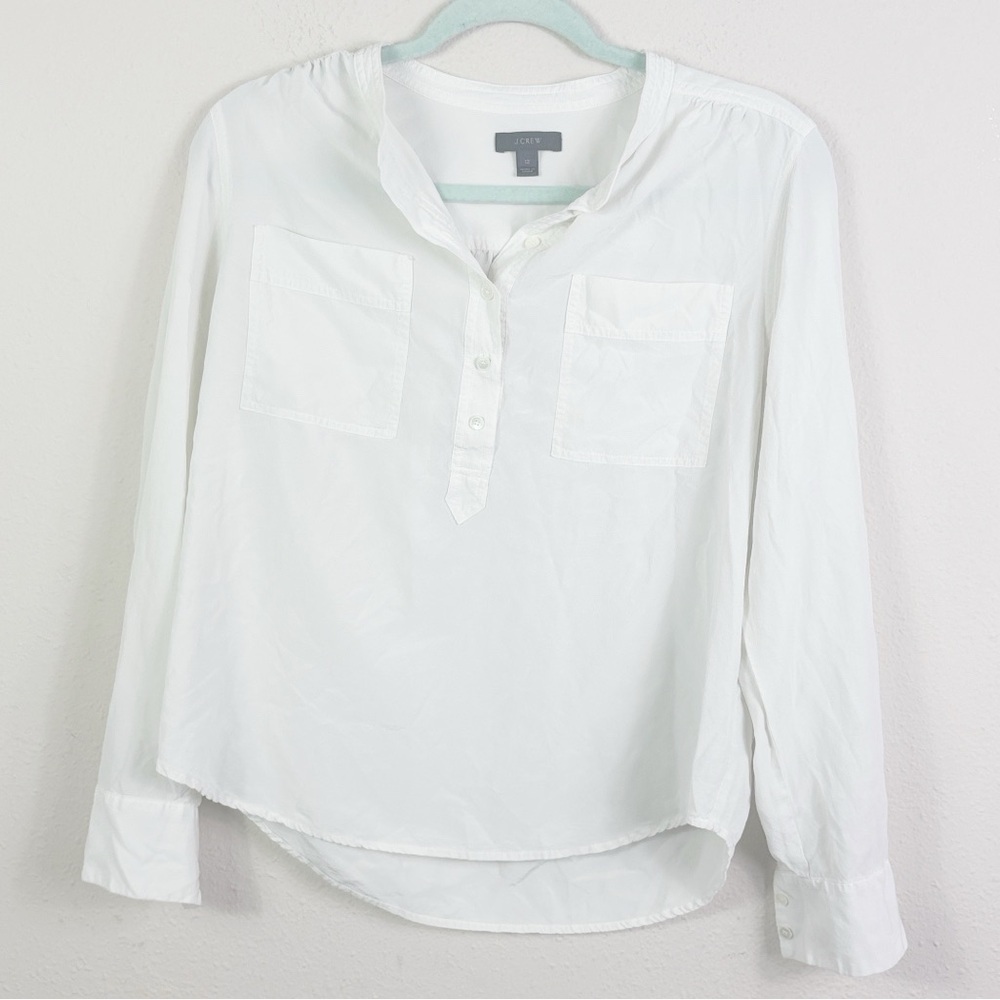 J. Crew 100% Silk Popover Top Off White w/ pockets quarter button down sz 12